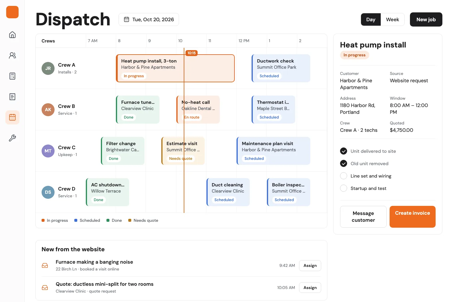 Birchline dispatch board: crews scheduled across the day, a job detail panel, and new website requests