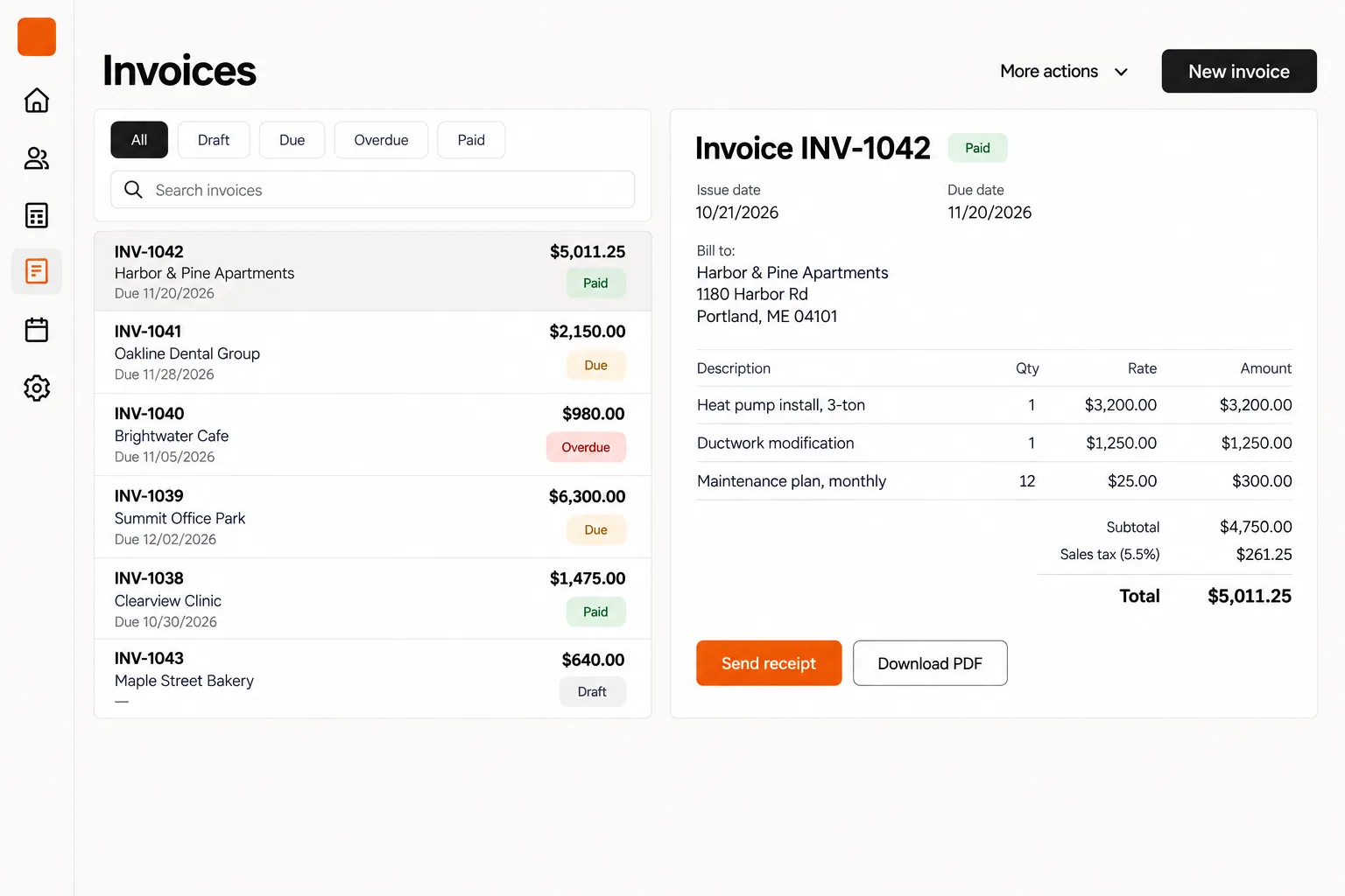 Birchline invoicing: an invoice list with statuses and a paid invoice preview