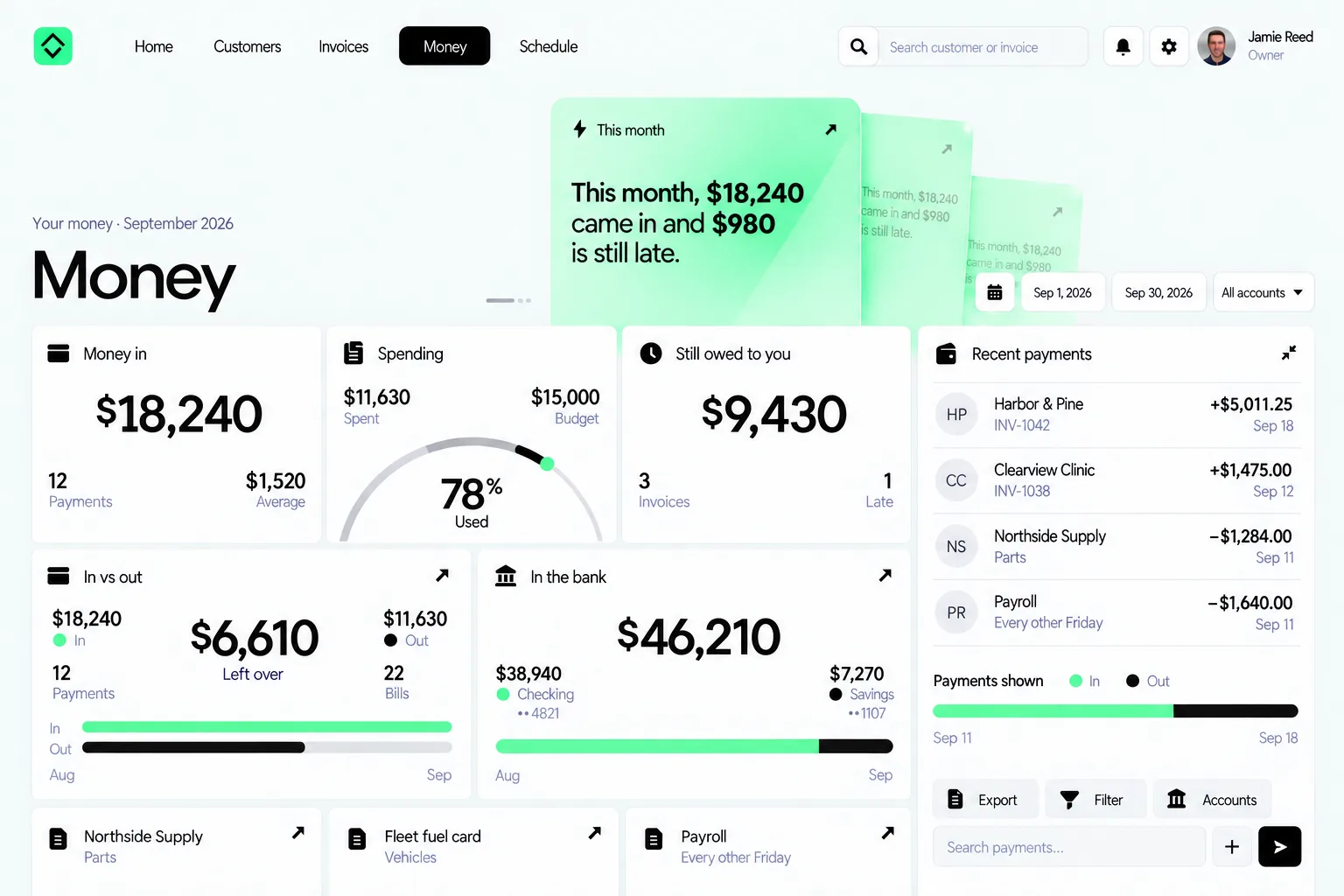 Money screen: money in, money out and what is left over, a cash-flow chart and recent payments