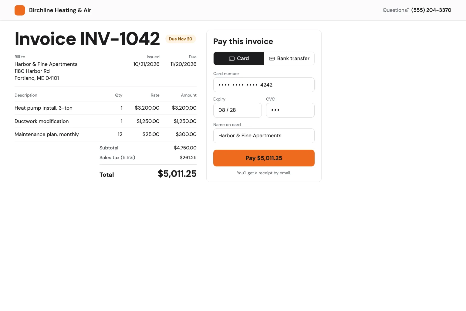 Birchline customer payment page for invoice INV-1042 with line items, totals, and a card payment form