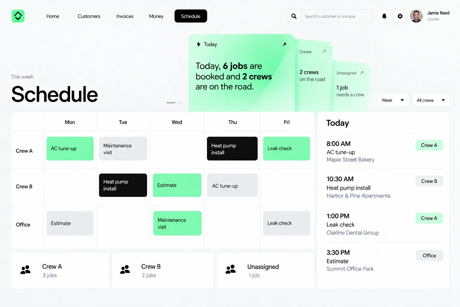 Schedule screen: a week of jobs by crew, with today’s four visits listed beside it
