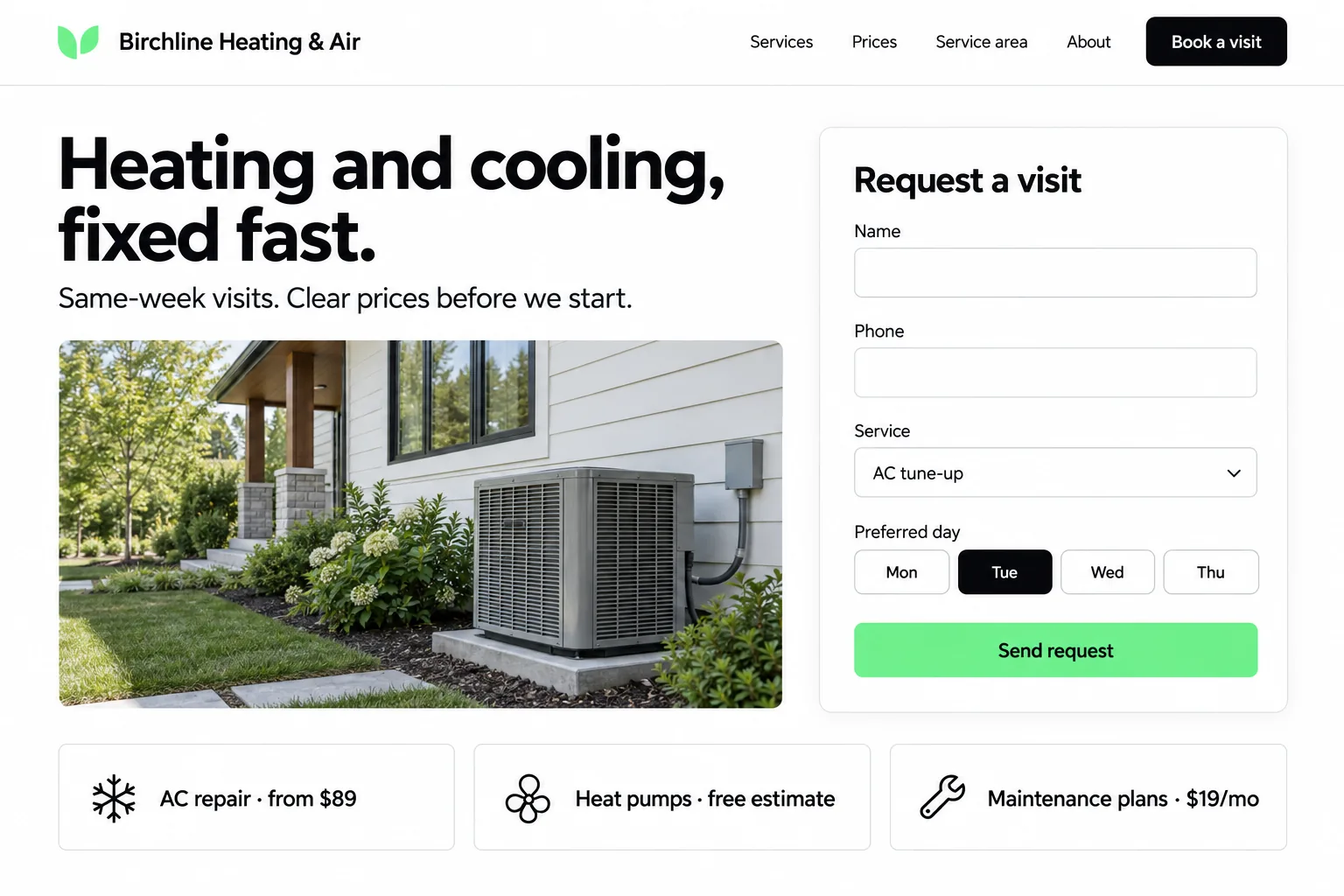 A heating and air company website with a “Request a visit” form: name, phone, service and preferred day